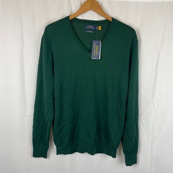 Polo Ralph Lauren Wool Sweater V Neck Washable Merino Knit Green Long Sleeve L